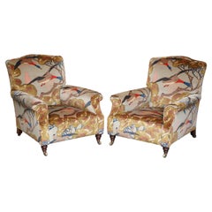 Mulberry Flying Ducks Upholstered Restored Pair of Victorian Club Armchairs