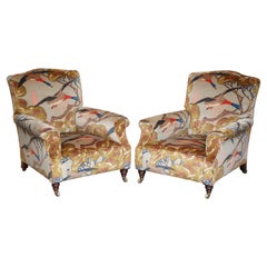 Antique Mulberry Flying Ducks Upholstered Restored Pair of Victorian Club Armchairs