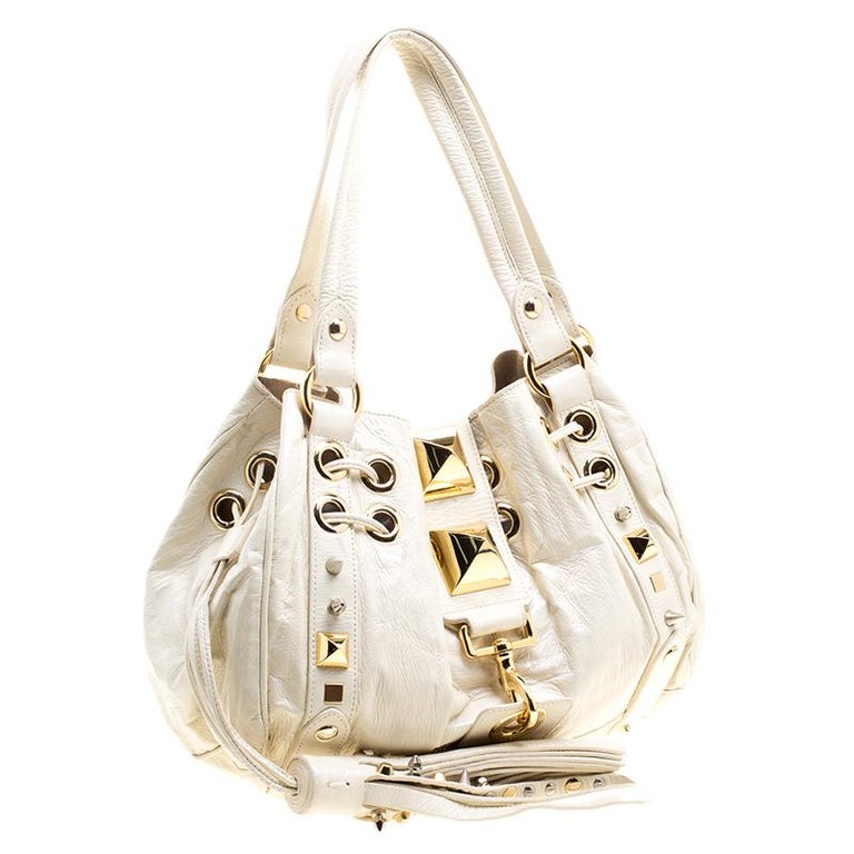 Mulberry for Giles White Leather Studded Drawstring Bag For Sale at 1stDibs