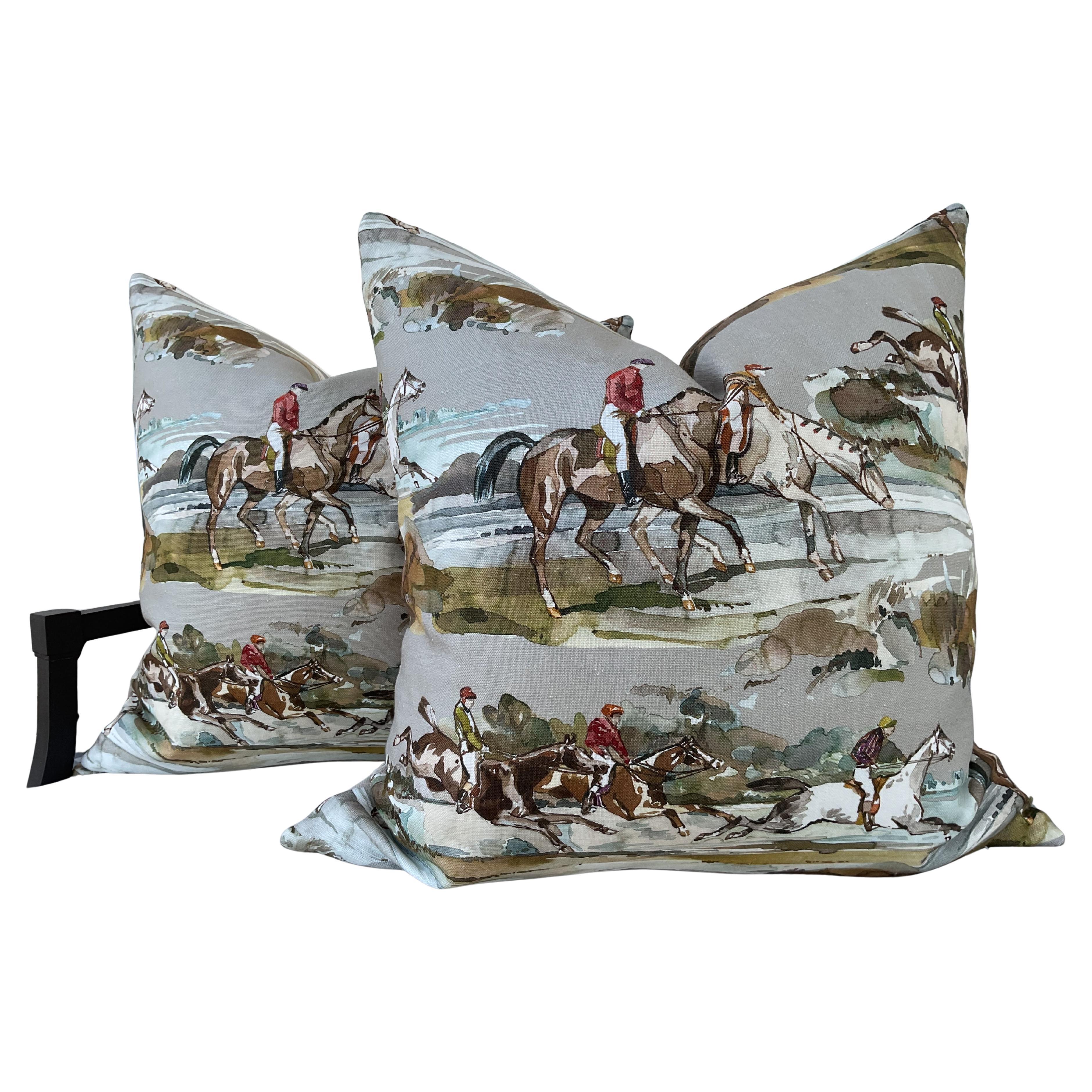 Mulberry Home “Morning Gallop” in Gray and Sand 22” Down-Filled Pillows - a Pair For Sale