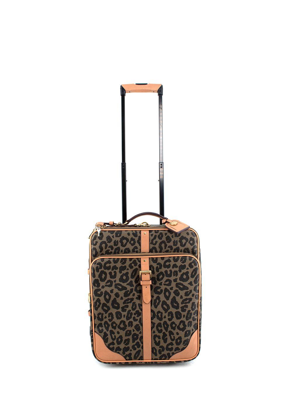 Mulberry Khaki Leopard Print Scotchgrain Canvas Trolley Suitcase

- Leopard print coated canvas edged with tan leather piping
- Gold-tone hardware
- Comes with a padlock and keys
- Two interior pockets with two elasticated straps
- One zipped