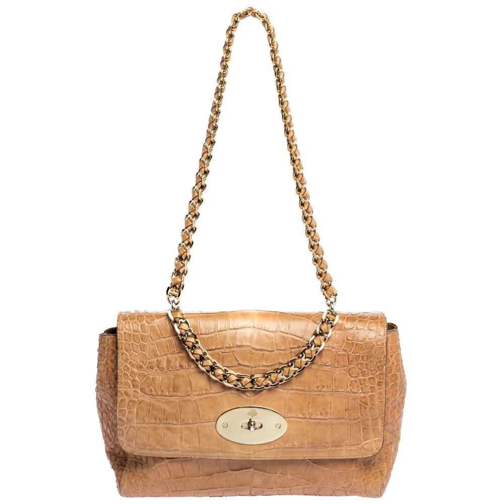 Mulberry Light Brown Croc Embossed Leather Lily Top Handle Bag