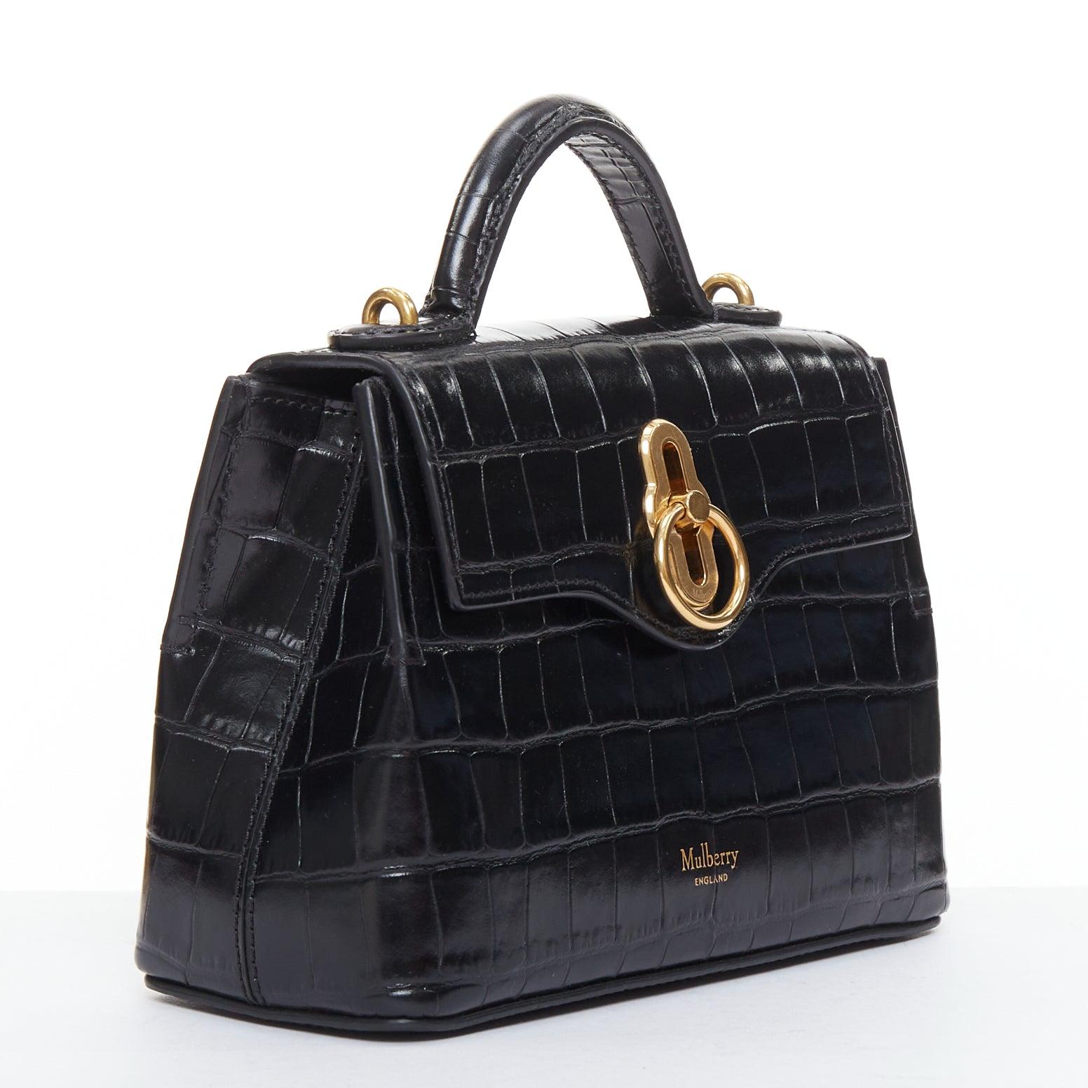 MULBERRY Micro Seaton schwarzes geprägtes Rindsleder goldenes Drehverschluss-Logo Crossbody Bag (Schwarz) im Angebot