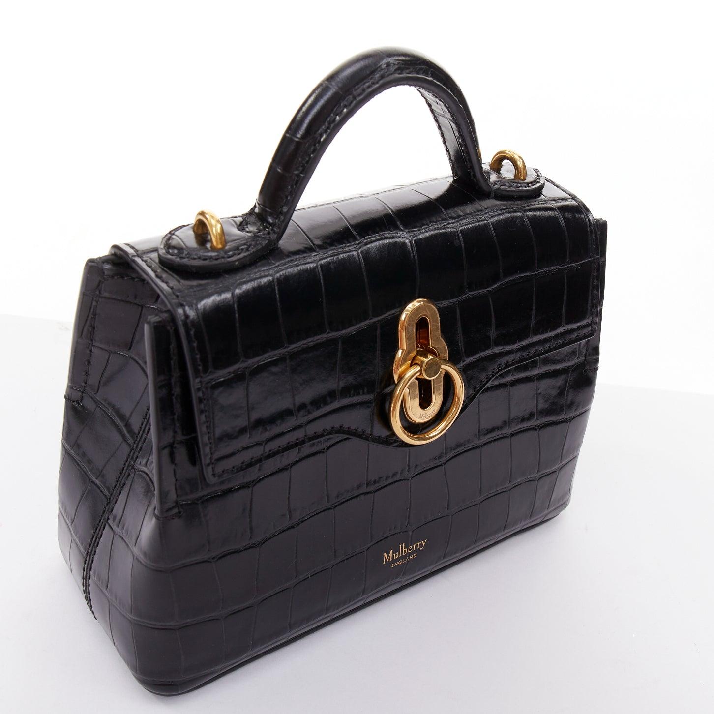 MULBERRY Micro Seaton schwarzes geprägtes Rindsleder goldenes Drehverschluss-Logo Crossbody Bag im Angebot 2