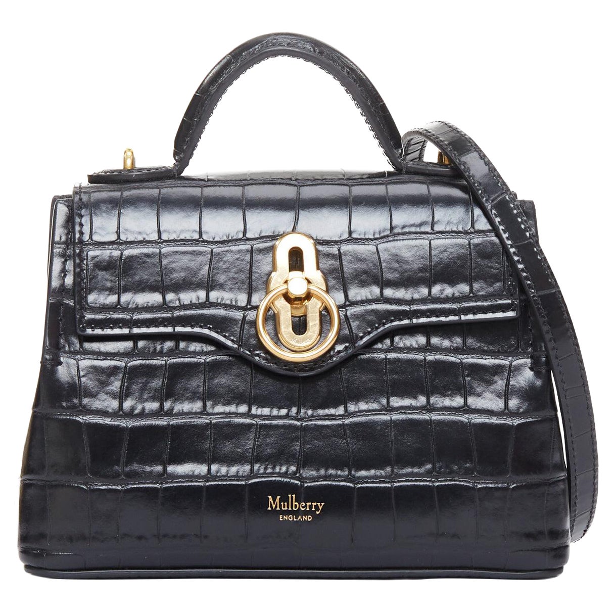 MULBERRY Micro Seaton schwarzes geprägtes Rindsleder goldenes Drehverschluss-Logo Crossbody Bag im Angebot