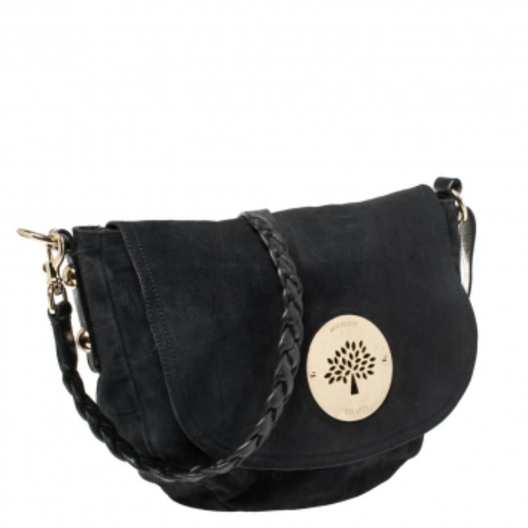 Black Mulberry Navy Blue Croc Effect Suede Daria Shoulder Bag For Sale