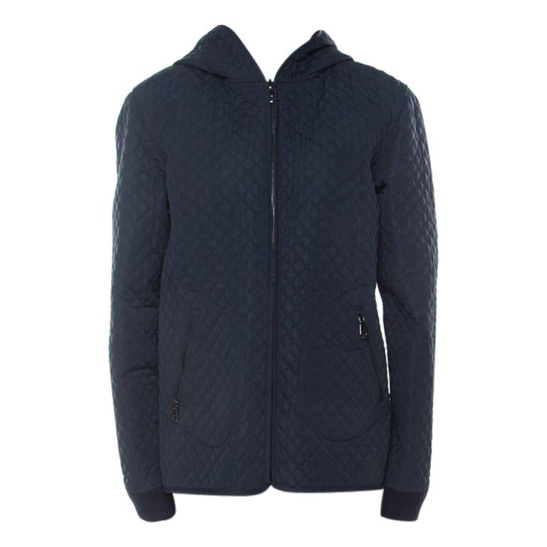 Mulberry Navy Blue Quilted Zip Front Hooded Jacket L For Sale