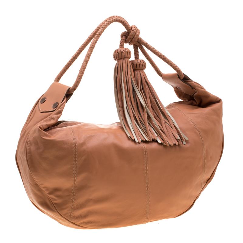 Brown Mulberry Peach Leather Tassel Hobo