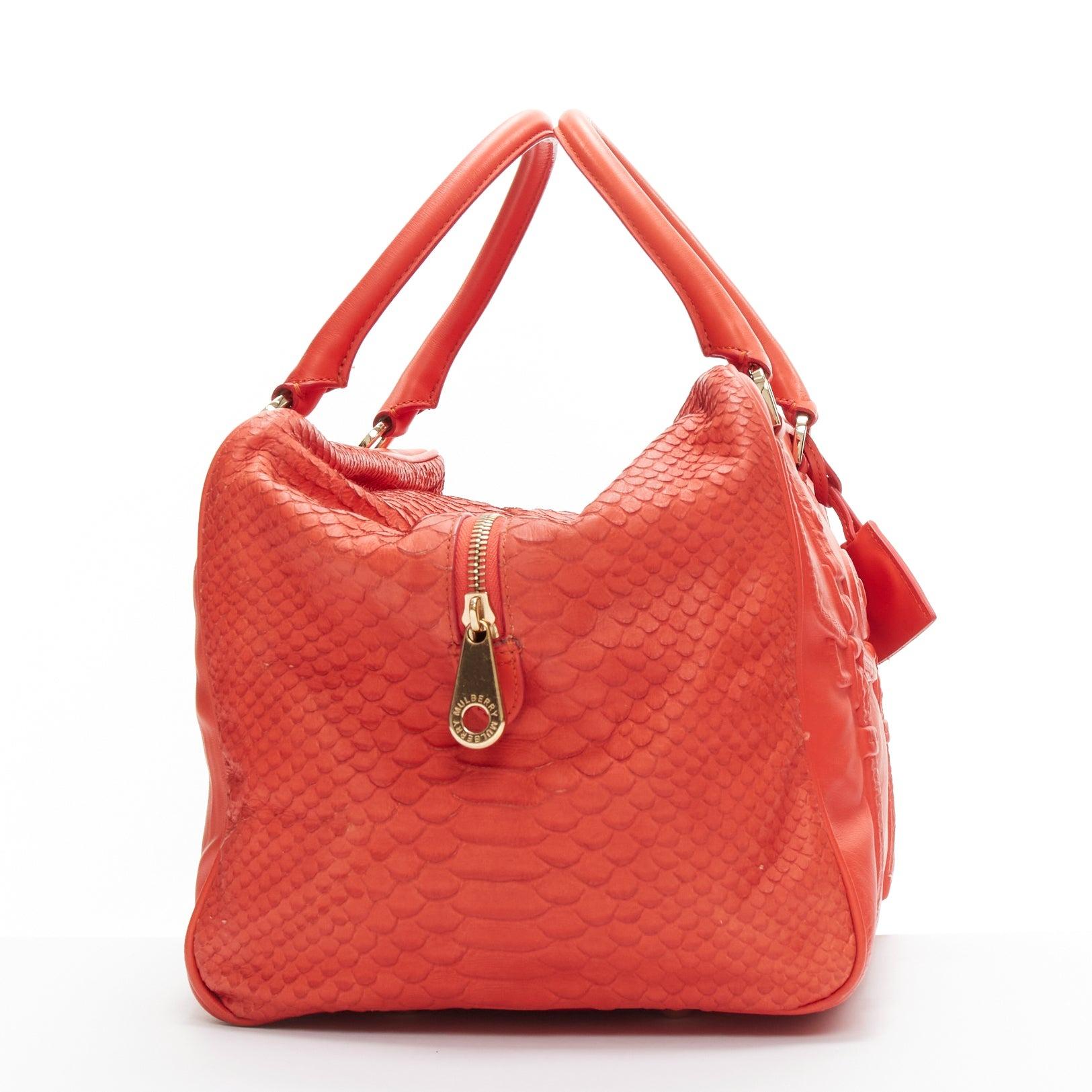 MULBERRY Shadow Maisie Clipper red embossed leather scaled travel satchel bag In Good Condition For Sale In Hong Kong, NT