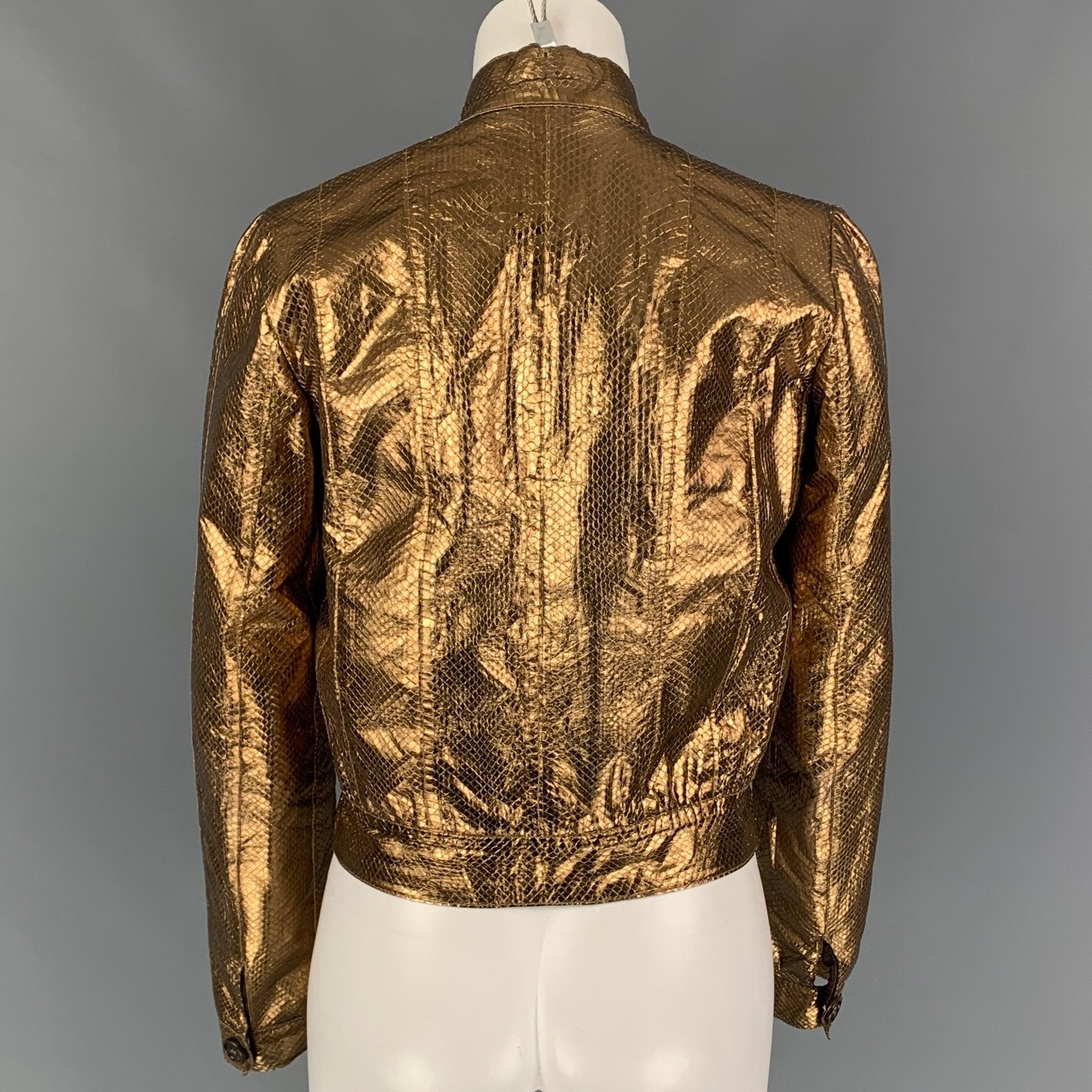 Brown MULBERRY Size 6 Gold Leather Metallic Snake Skin Buttoned Jacket For Sale