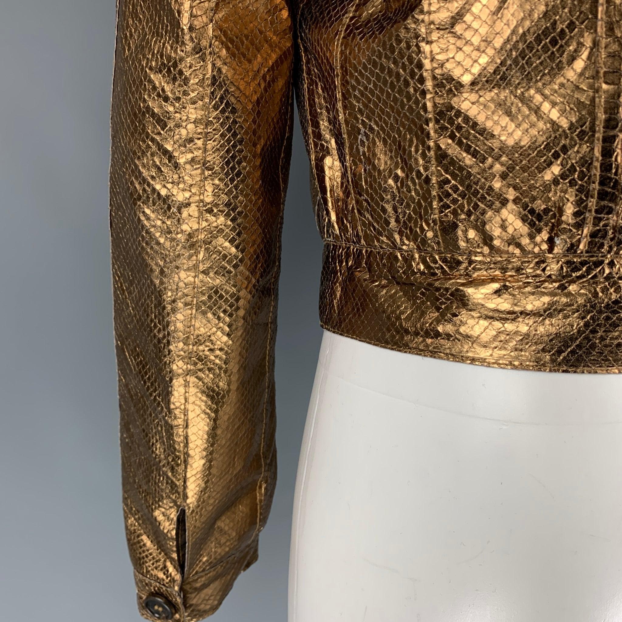 MULBERRY Size 6 Gold Leather Metallic Snake Skin Buttoned Jacket In Good Condition For Sale In San Francisco, CA