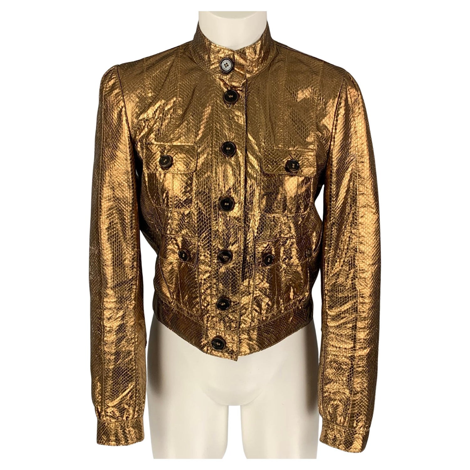 MULBERRY Size 6 Gold Leather Metallic Snake Skin Buttoned Jacket For Sale  at 1stDibs