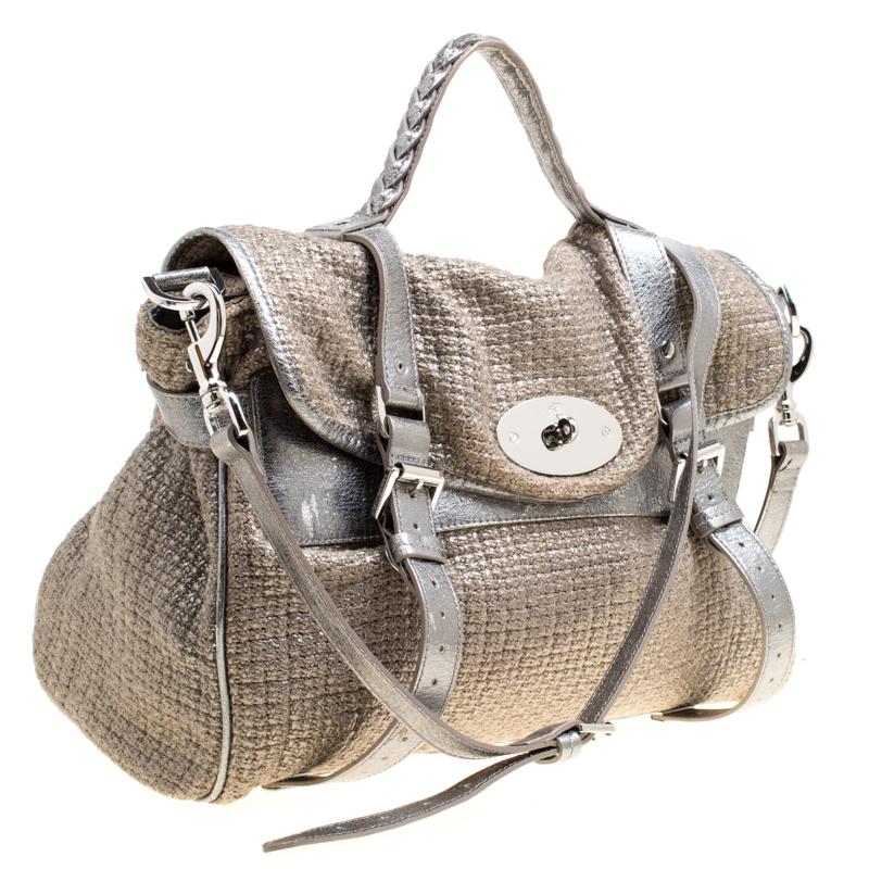 Brown Mulberry Sparkle Grey Woven Fabric Alexa Top Handle Shoulder Bag