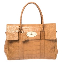 Used Mulberry Tan Croc Embossed Leather Bayswater Satchel