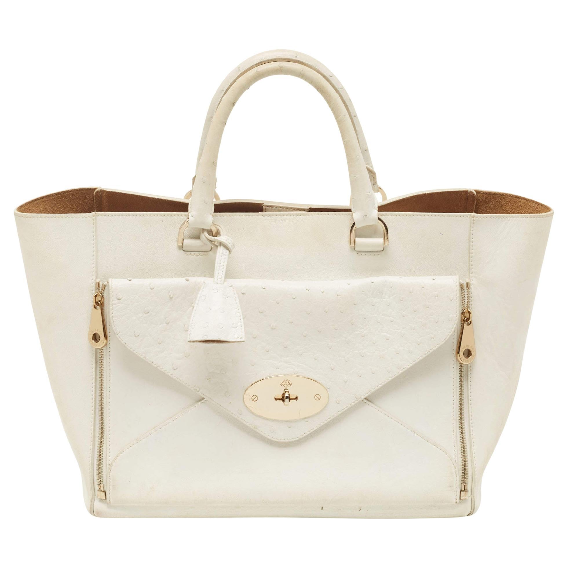 Mulberry White Ostrich Embossed and Leather Willow Tote