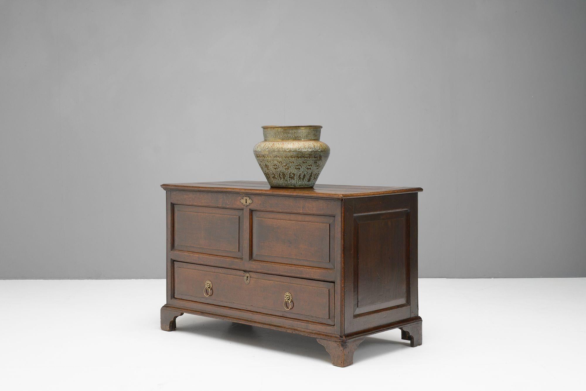 Oak mule chest on bracket feet with original handles. Circa 1800

H 77cm x W 124cm x D 62cm