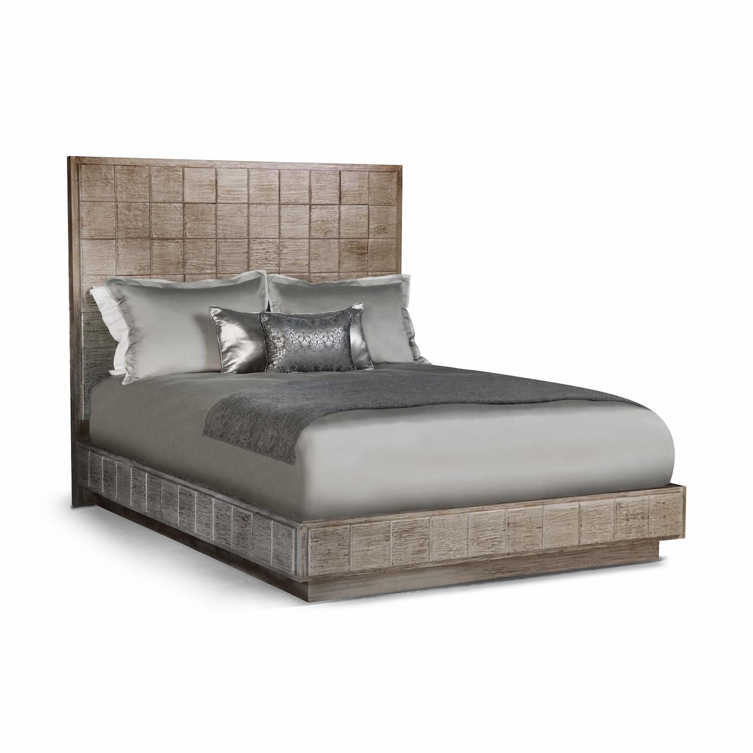 Dramatic and extremely refined, the Mulholland bed is a Classic piece, with a modern, rustic, appeal. The wooden headboard and platform are constructed of individually hand-finished and placed square wooden panels. The Mulholland collection bed is a