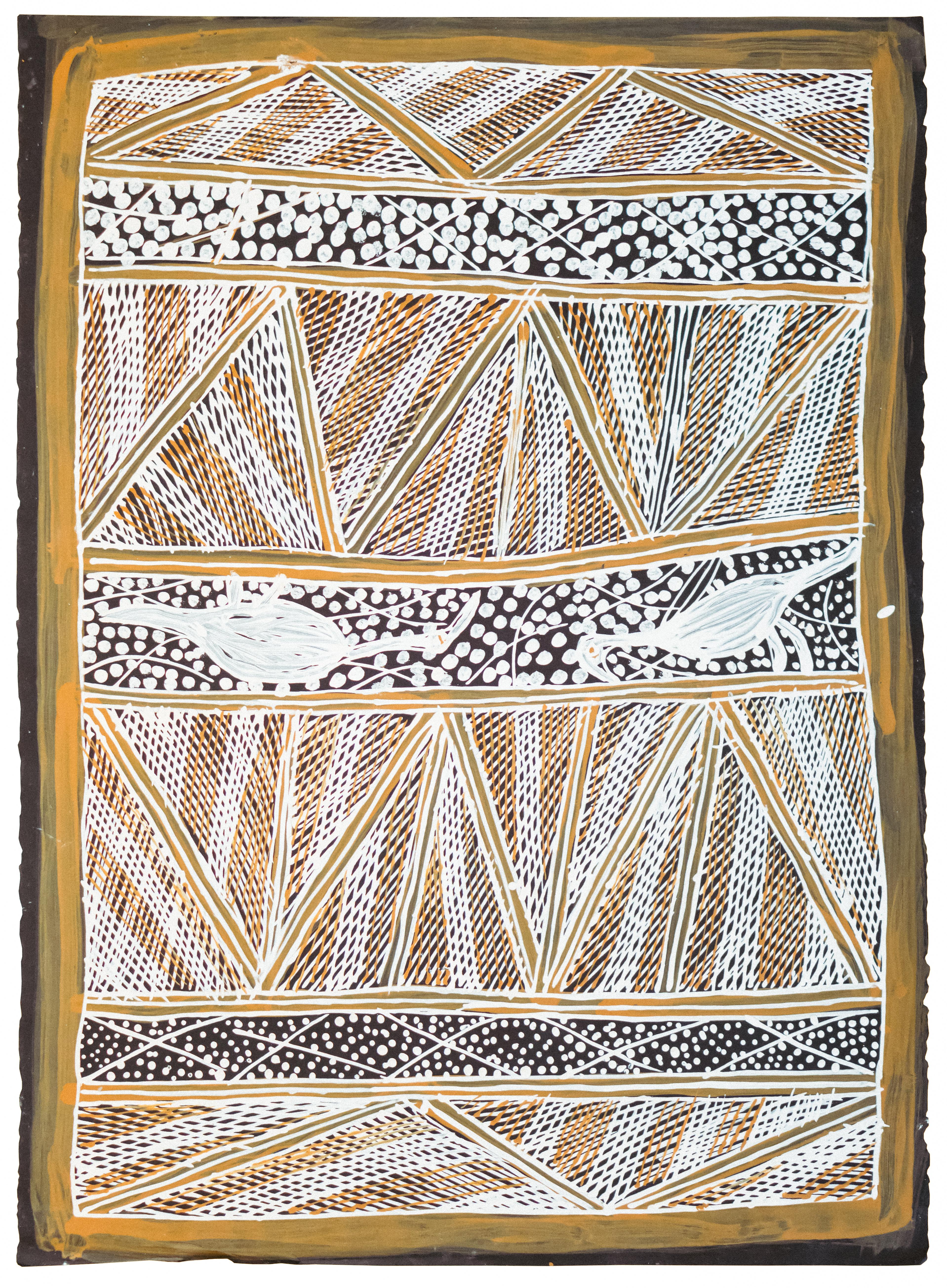 Mulkun Wirrpanda
Untitled XI, 2020
Earth pigment on paper
76cm x 56cm

Mulkun Wirrpanda was a senior artist of the Dhudi-Djapu clan from Dhuruputjpi in Eastern Arnhem Land and was a classificatory daughter of the late Dhäkiyarr Wirrpanda and mother
