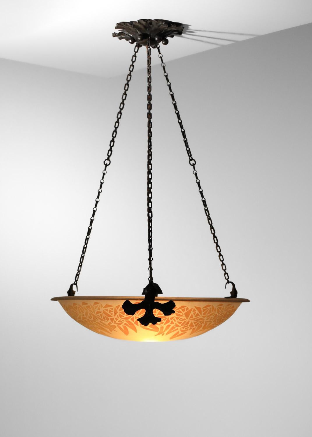 Mid-20th Century Muller et frères Luneville acid-etched glass chandelier from the 1930s For Sale