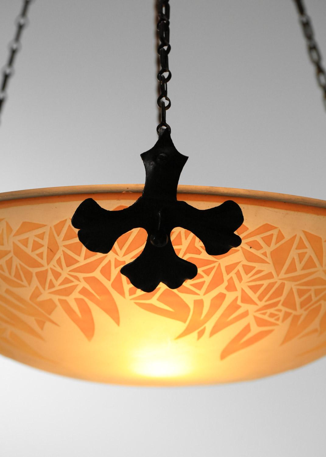 Art Glass Muller et frères Luneville acid-etched glass chandelier from the 1930s For Sale