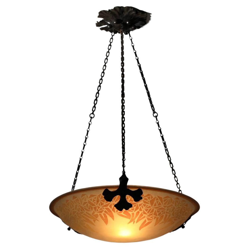 Muller et frères Luneville acid-etched glass chandelier from the 1930s For Sale