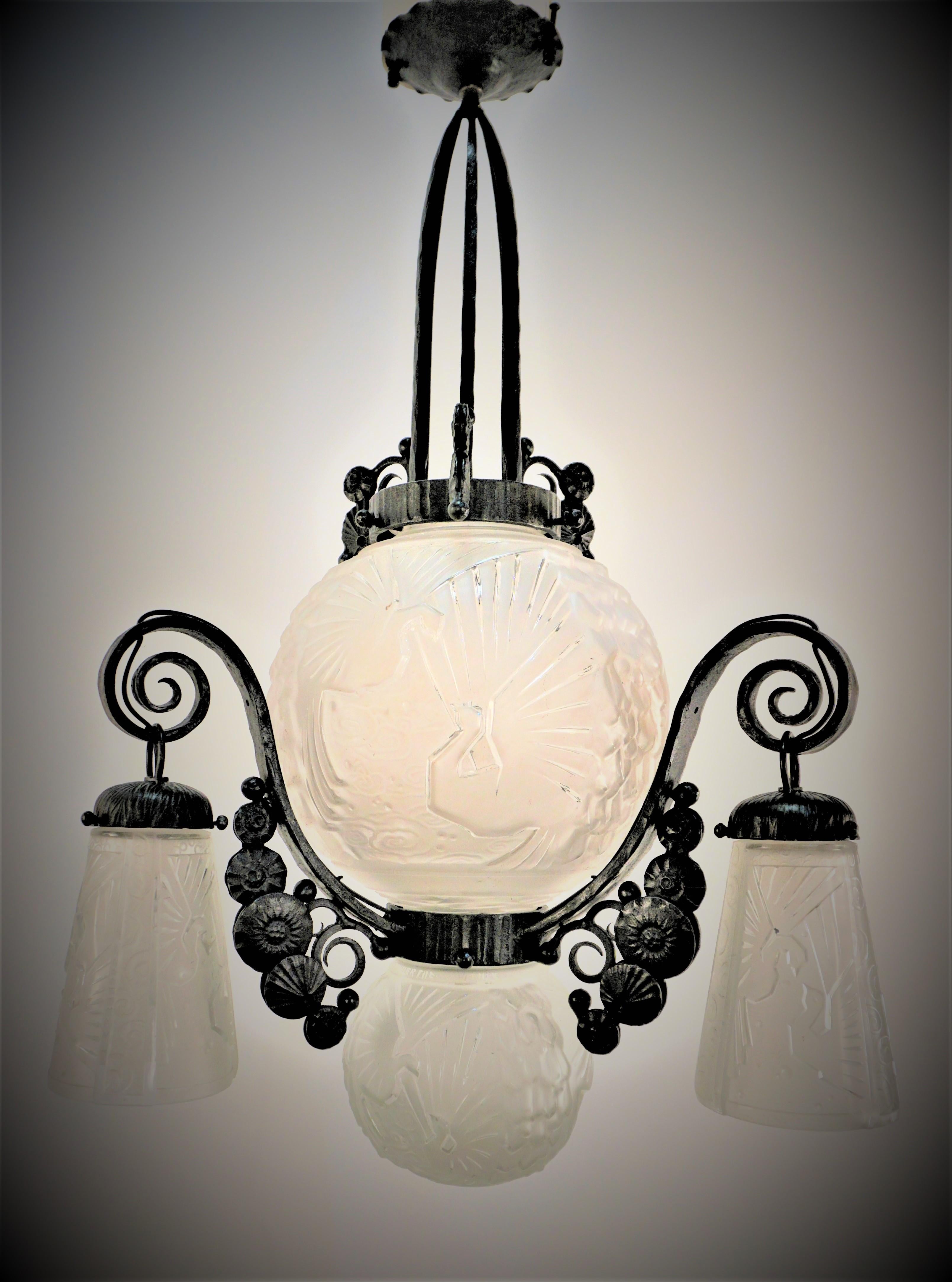French Muller Freres 1920's Art Deco Chandelier