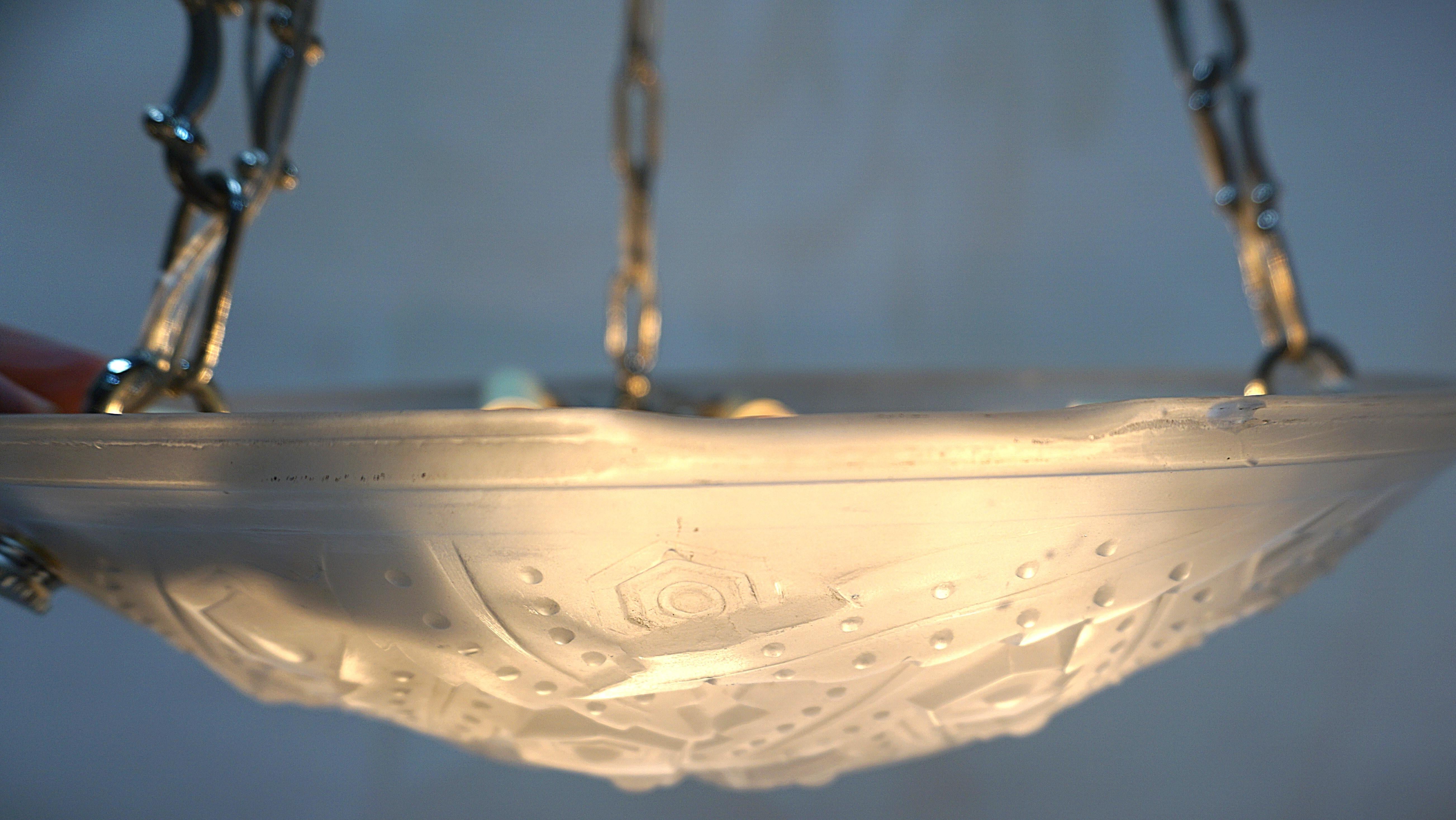 Glass Muller Freres 1920's Art Deco Pendent Chandelier For Sale