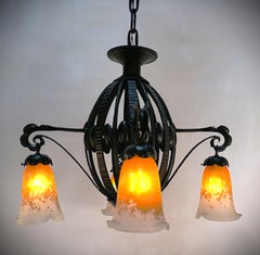 Muller Freres 1920's Hand Blown Glass and Iron Chandelier