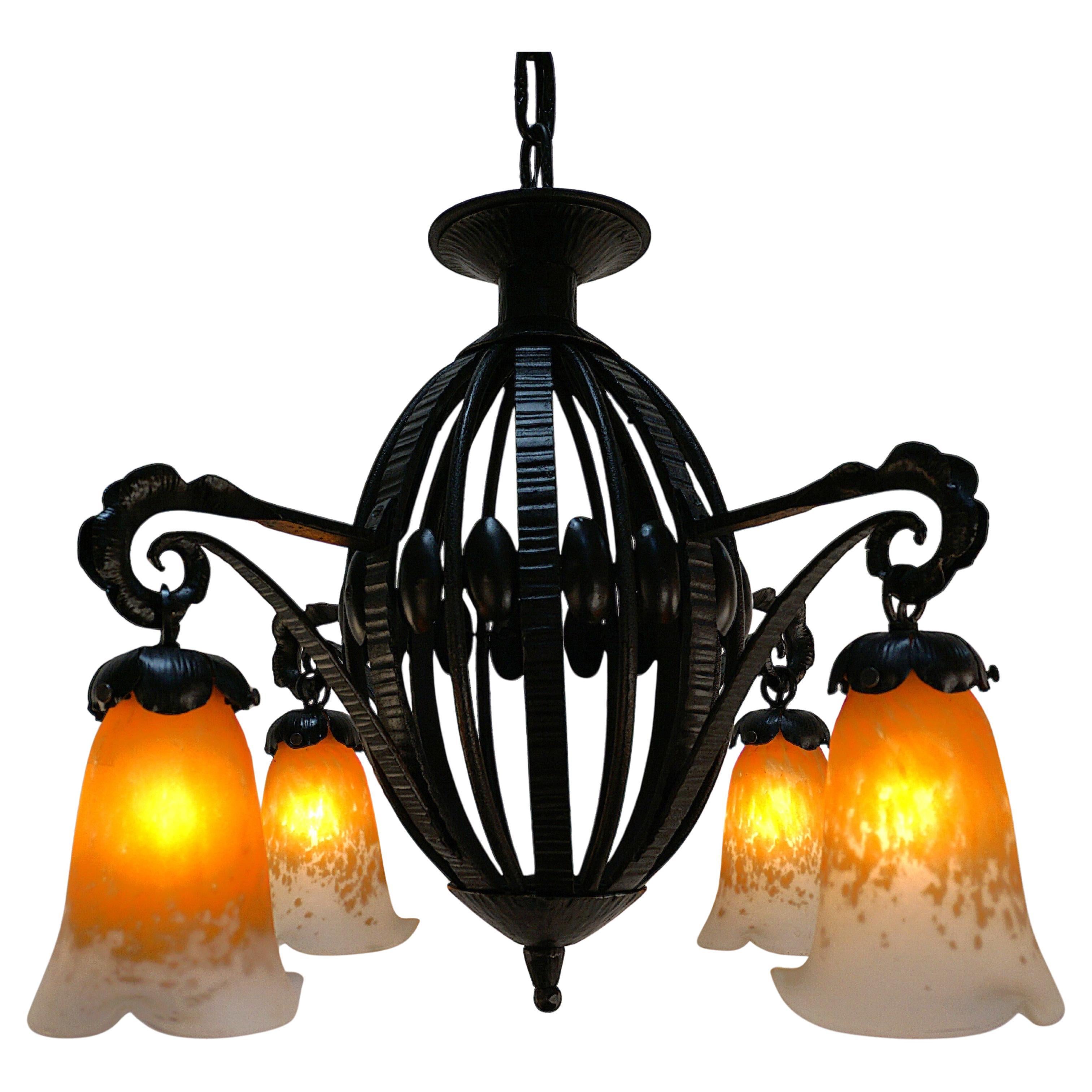 Muller Freres 1920
s Hand Blown Glass and Iron Chandelier For Sale