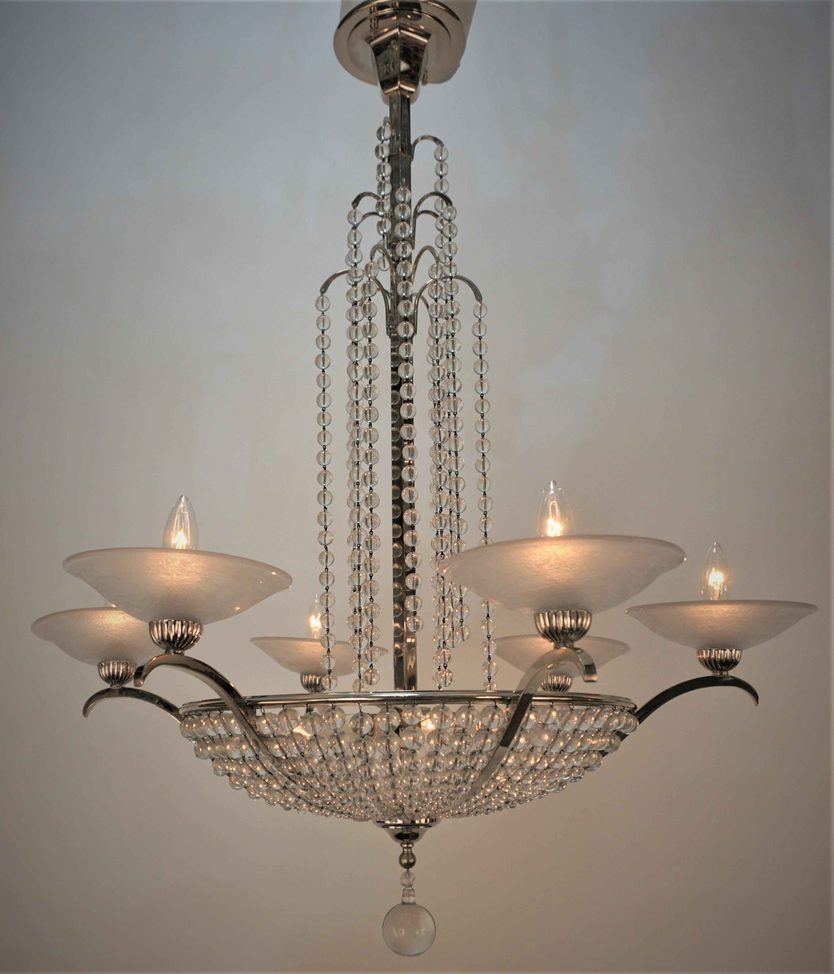 Mid-20th Century Muller Freres 1930's Crystal Art Deco Chandelier For Sale
