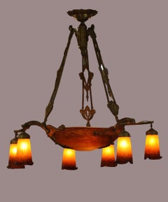 Muller Freres a Fine Art Deco Gilt Bronze Mottled Glass Chandelier, circa 1920