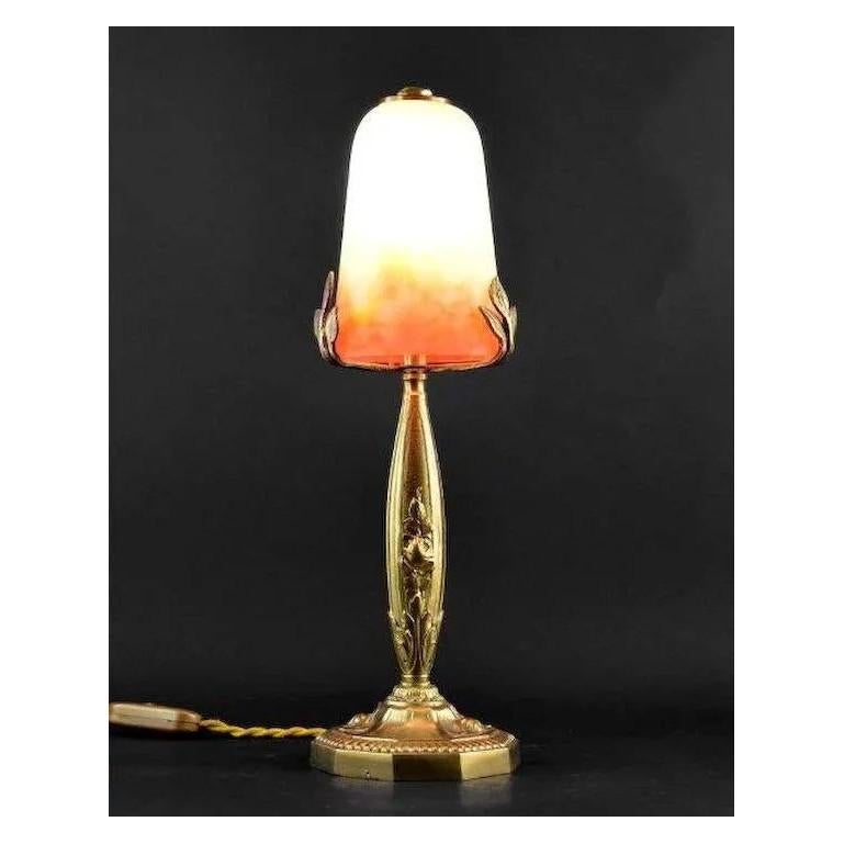 Summer sales. We are renewing our stock waiting for the start of September. Do not wait to order this beautiful period piece, we only have one. French Art Deco table lamp, France, circa 1925. Mottled blown double glass shade by Muller Freres,