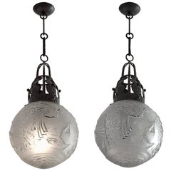 Antique Muller Frères and Fag French Art Deco Pair of Chandeliers, 1925