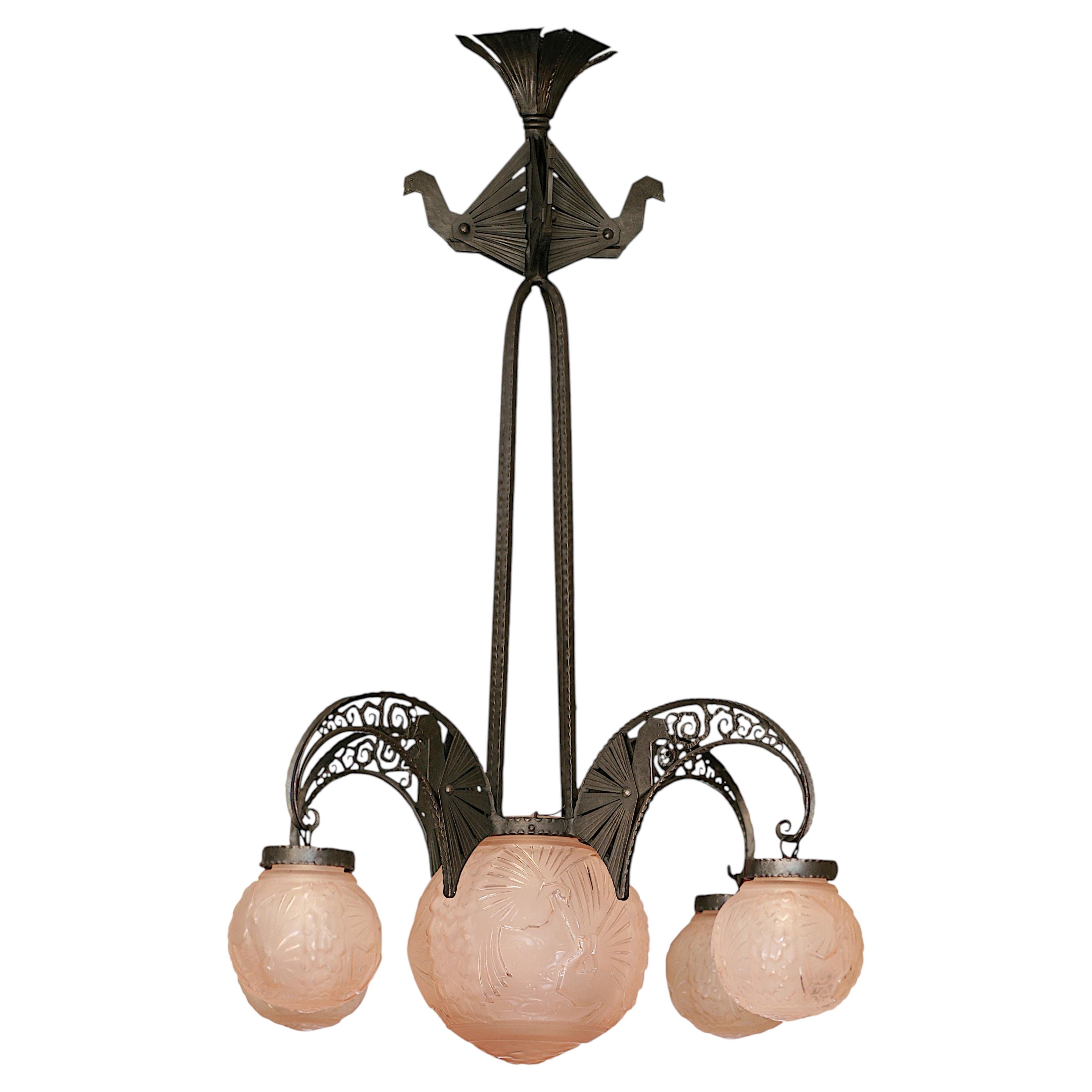 Muller Freres & Andre Kovacs Large French Art Deco Pink Chandelier, 1920