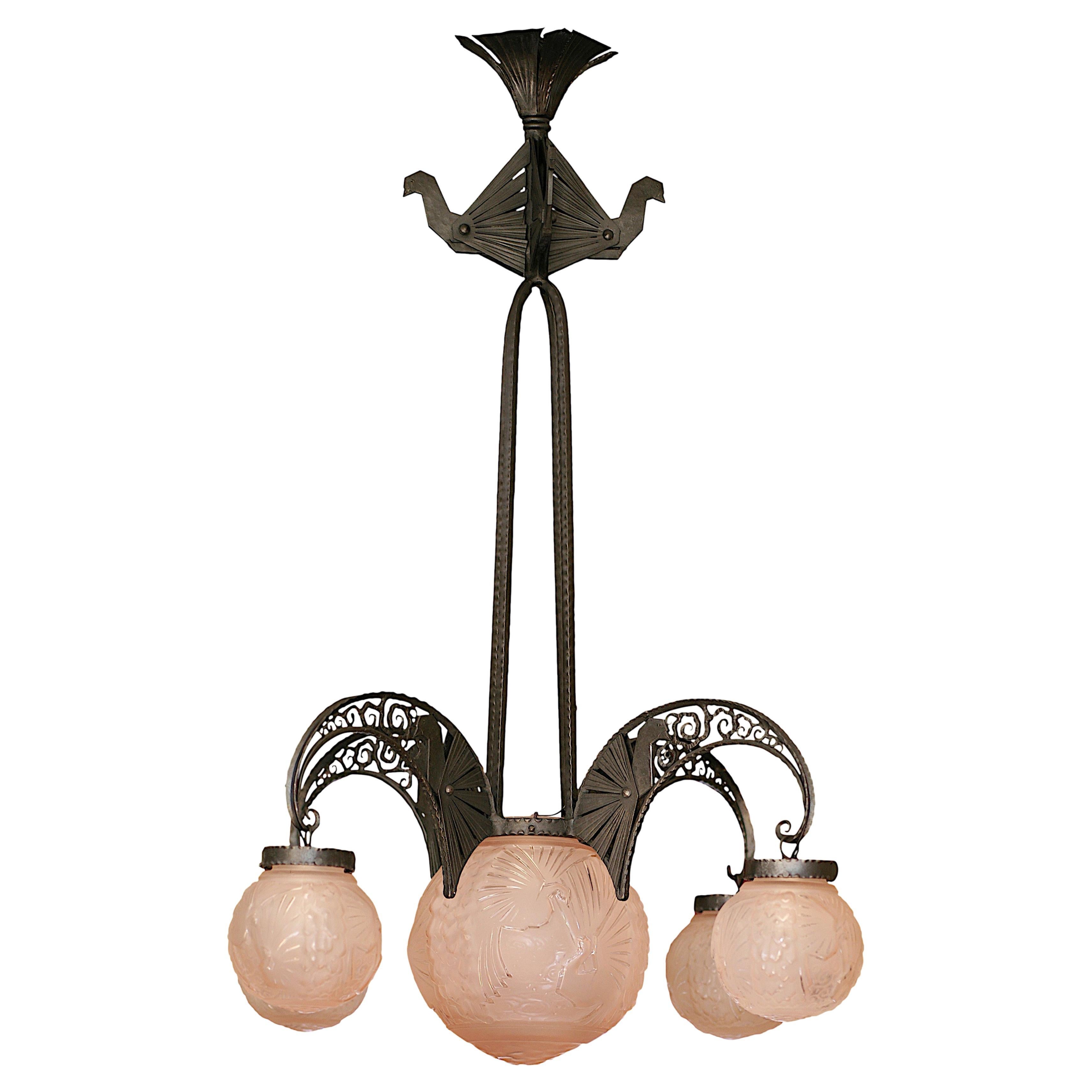 Muller Freres & Andre Kovacs Large French Art Deco Pink Chandelier, 1925 For Sale