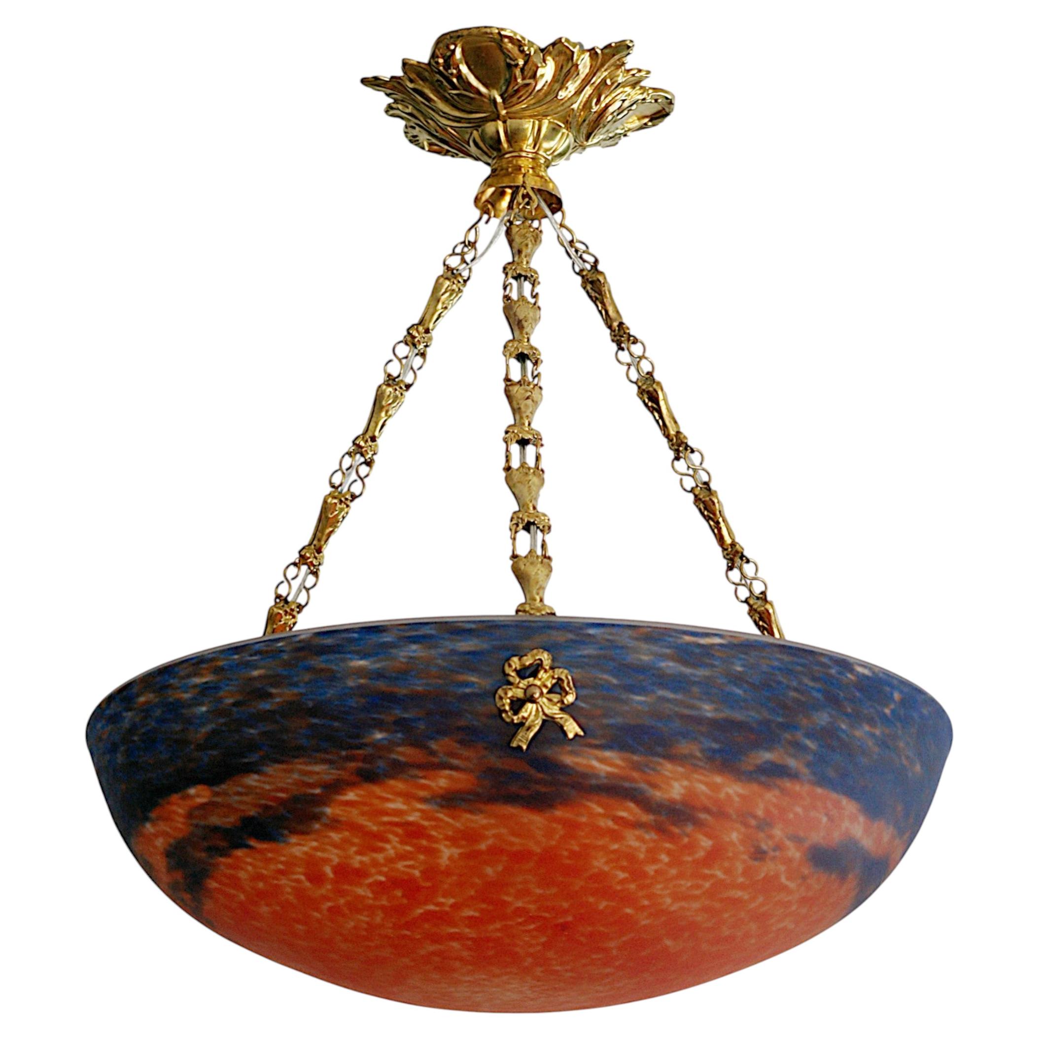 Muller Frères Art Deco Chandelier, Brass & Glass, France, 1920s