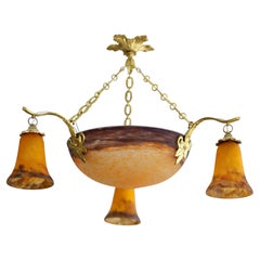 Muller Frères Art Deco Chandelier, Bronze & Glass, France, 1920