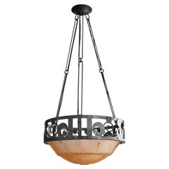 Muller Frères Art Deco Chandelier, Frosted Glass & Iron, France 1920