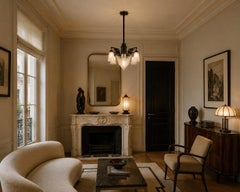 Muller Frères Art Déco-Kronleuchter, Milchglas und Eisen, Frankreich 1925