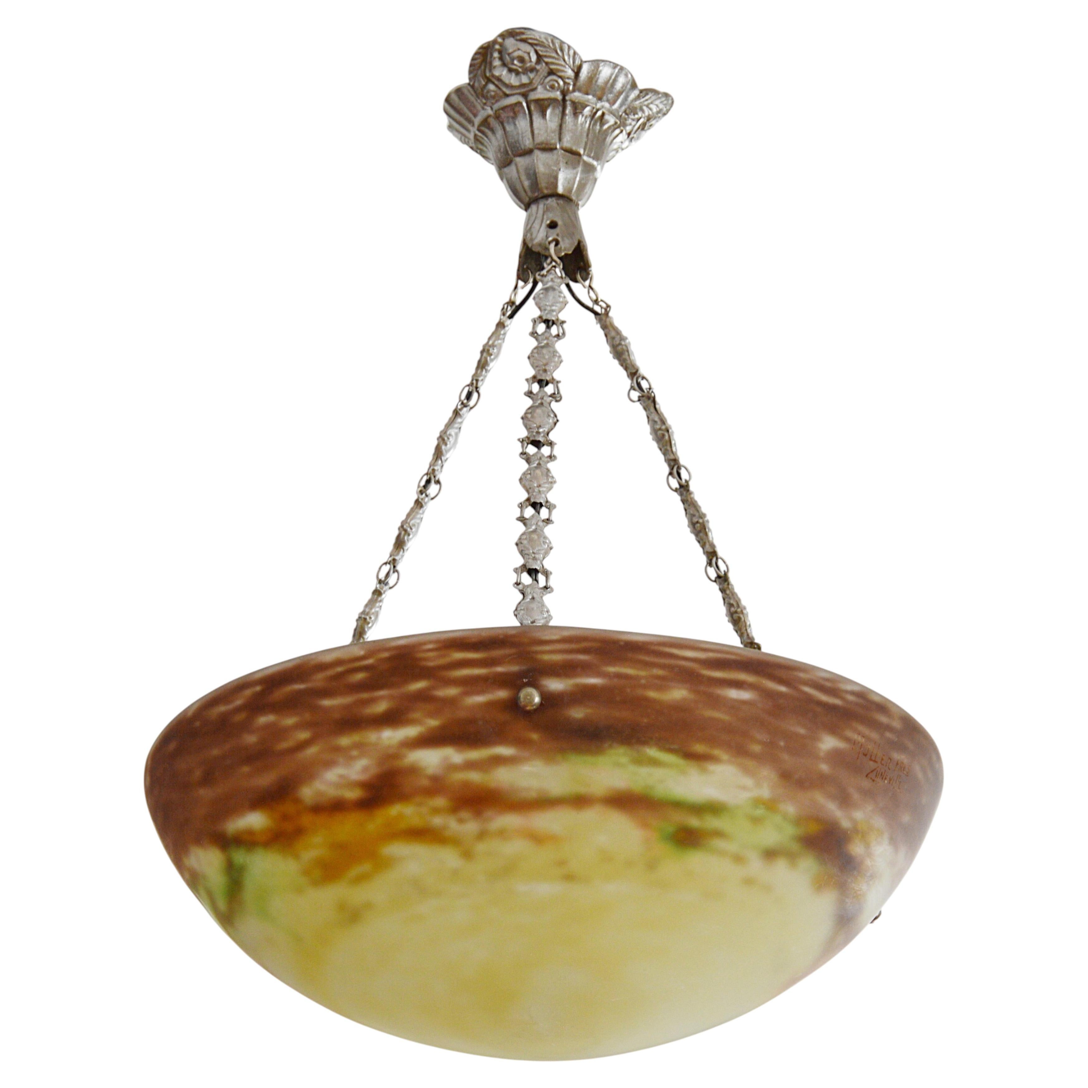 Muller Frères Art Deco Chandelier, Glass & Bronze, France, 1920 For Sale