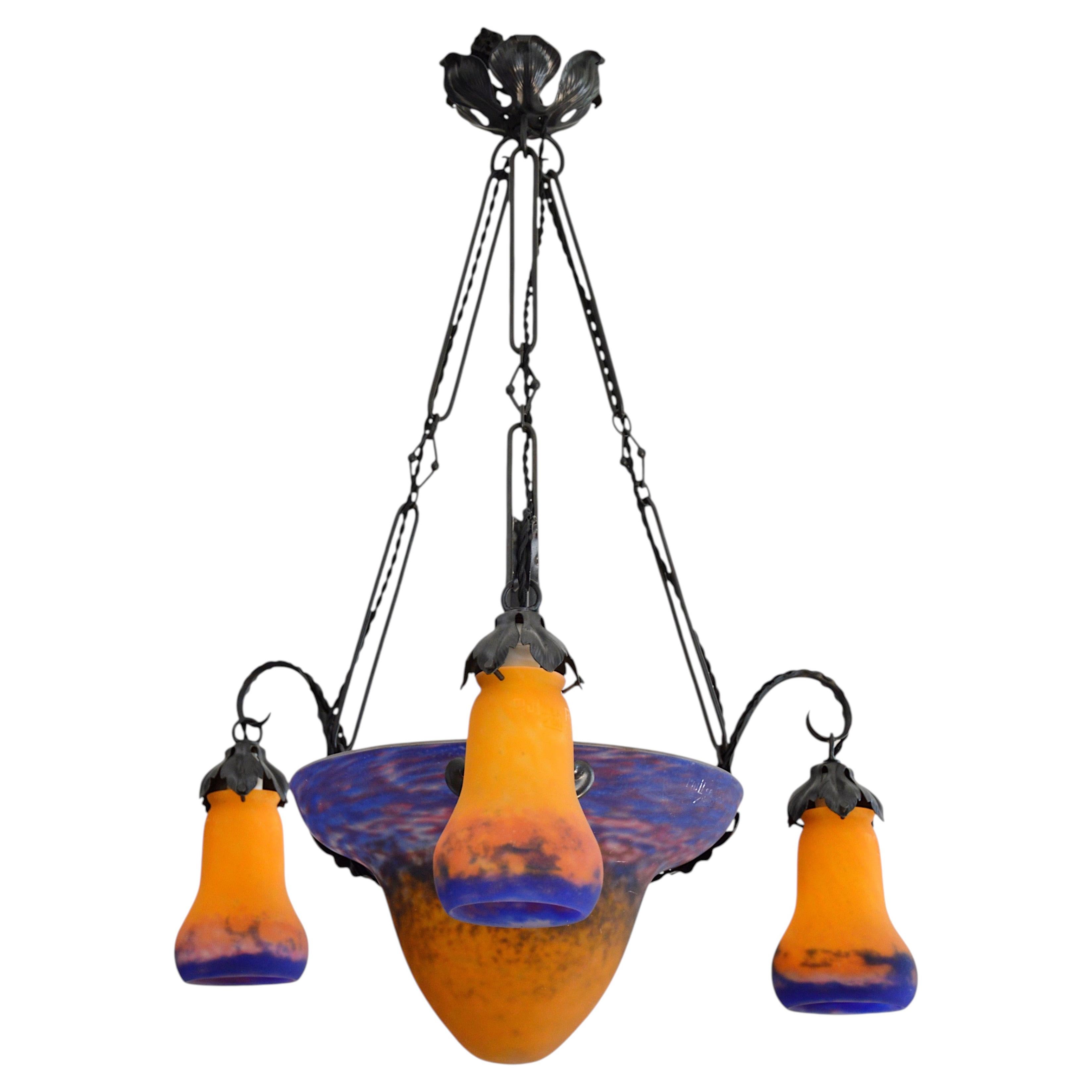 Muller Frères Art Deco Chandelier, Glass & Wrought Iron, France, 1920s
