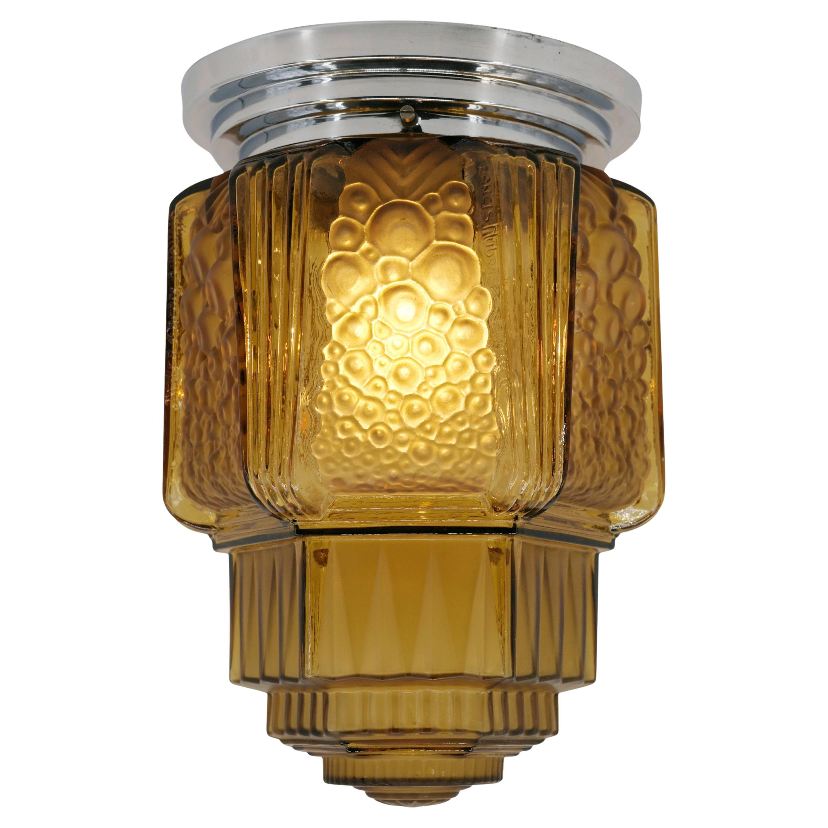 Muller Frères Art Deco Flush Mount Light, Glass 
Chrome, France, 1920 For Sale