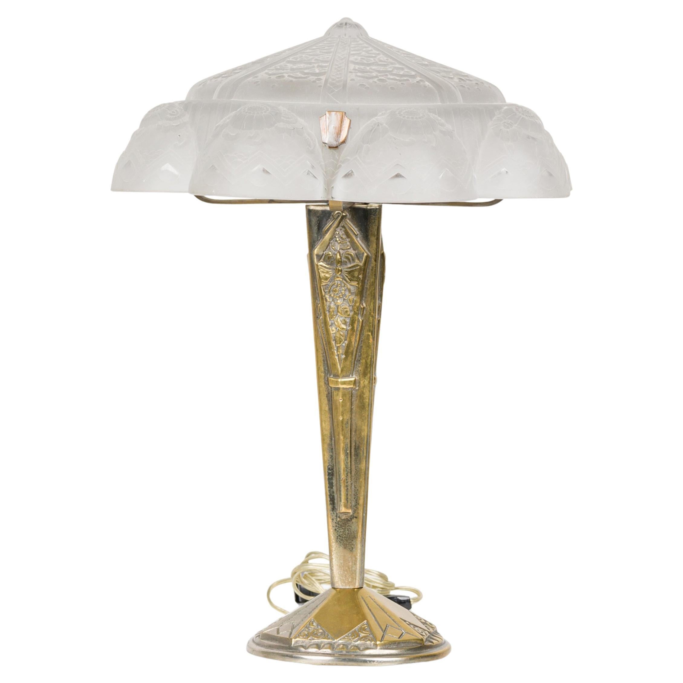 Muller Freres Art Deco French Metal and Frosted Glass Table Lamp