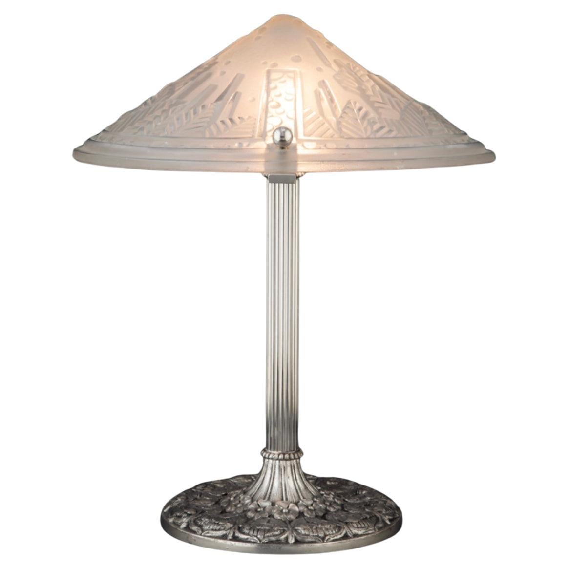 Muller Frères Art Deco Glass Shade on an Edward Miller & Co. Silvered Metal Tabl For Sale