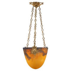 Muller Frères Art Deco Mottled Glass & Gilt Bronze Pendant Light Hanging Lamp