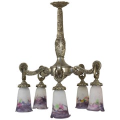 Muller Freres Art Deco Silvered Chandelier with White Purple Pâte-de-verre Glass