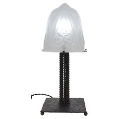 Muller Frères Art Deco Table Lamp, Frosted Glass & Iron, France, 1920s