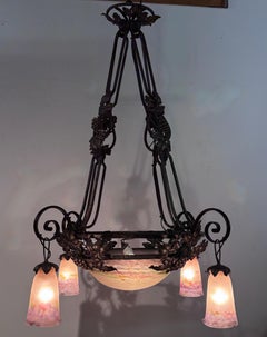 Muller Frères Art Deco Wrought Iron and Art Glass Chandelier, France 1920