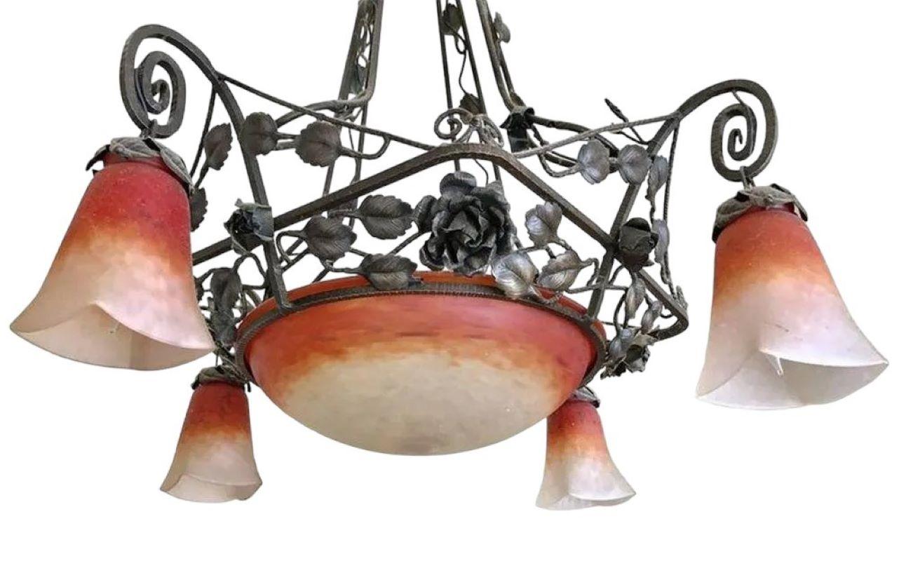 French Muller Freres Art Deco Wrought Iron and Glass Chandelier For Sale