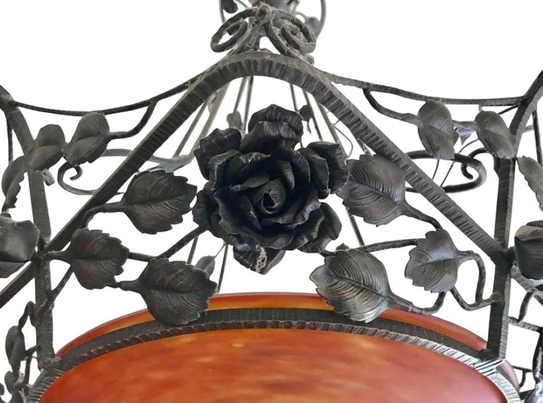 Muller Freres Art Deco Wrought Iron and Glass Chandelier In Good Condition For Sale In Pasadena, CA